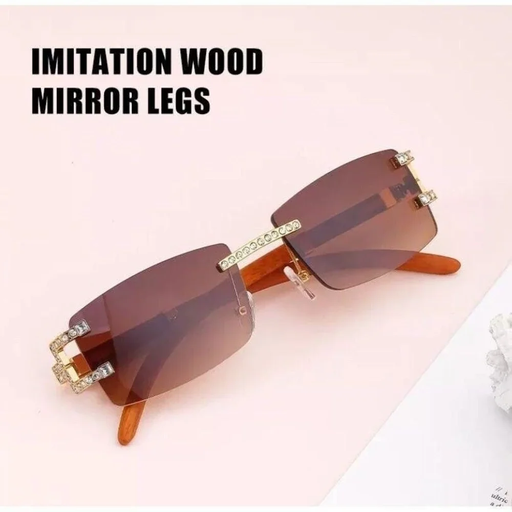 Square‎ Sunglasses Rimless Brown Lens Wood Grain Legs Fashion Men Hip Hop Retro
